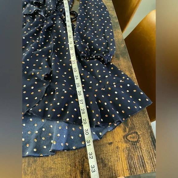 f21 blue wrap dress with orange polka dots ruffle trim - Picture 8 of 13